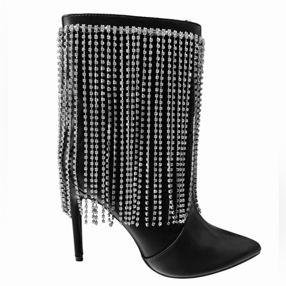 NIB! Kayleen by Los Angeles  Black Stiletto Boots with Rhinestone Fringe size 7